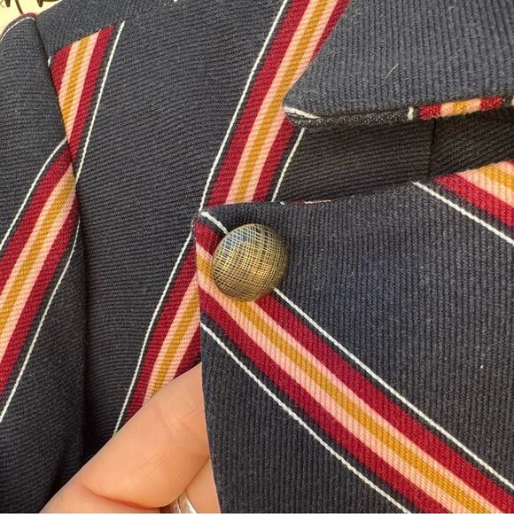 Chicos Striped Twill Ponte navy maroon gold tan stripe blazer Chicos size 0 - Picture 8 of 9